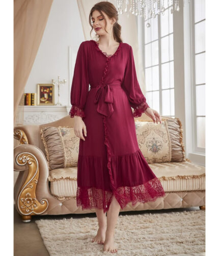 Elegant Soft and breathable Eyelash Lace Flounce Sleeve Ruffle Hem Belted Lounge Robe